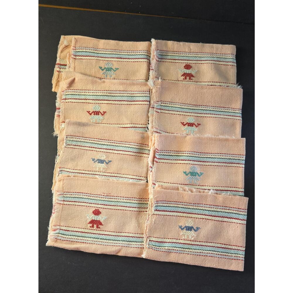 Embroidered Cotton Cloth Napkins Set Of 8 Striped Children Folk Art Country